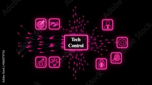 Neon Tech Control Circuit Board with Icons technology– Futuristic Digital Technology and Network Concept