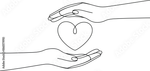 Minimalist sketch showing two hands carefully holding a heart representing care and protection
