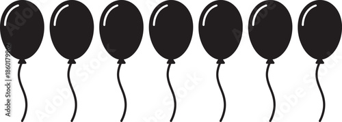 Minimalist black balloon silhouettes row featuring simple round balloons isolated on white background for party, celebration, and decorative design use