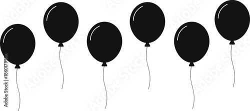 Minimalist black balloon silhouettes featuring floating round party balloons isolated on white background for celebration, event, and decorative design use
