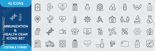 Immunization Line Icon Set. Vaccination, Healthcare, Medical Protection, Injection, Immunity and Public Health Icons. Editable Outline Stroke. Vector Illustration