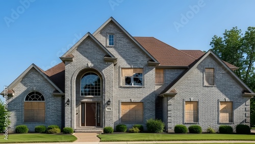 Large gray brick house with boarded up windows and broken glass under blue sky home building