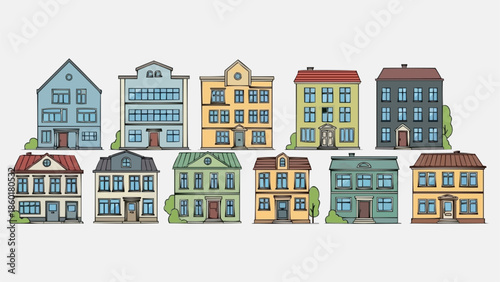 Collection of diverse residential houses and buildings in a row.