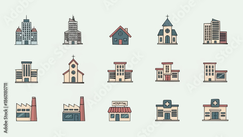 Collection of diverse building icons representing various structures.