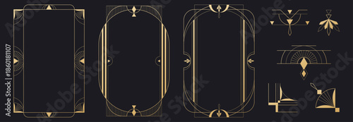 Art deco Great Gatsby style borders set. Vector illustration of geometric golden borders, dividers and corners isolated on black background, luxury 1920s ornament, vintage invitation or book design