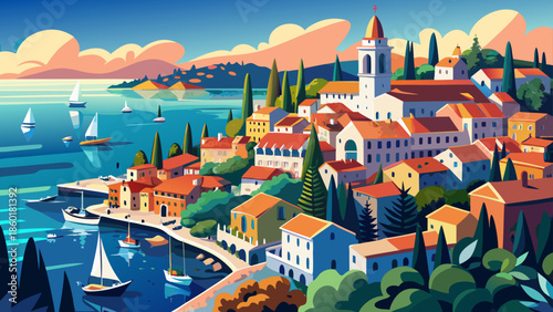 Very beautiful panoramic view over Rovinj in Croatia, seen from an elevated viewpoint, revealing the Adriatic coastline, old town rooftops, and calm blue sea.