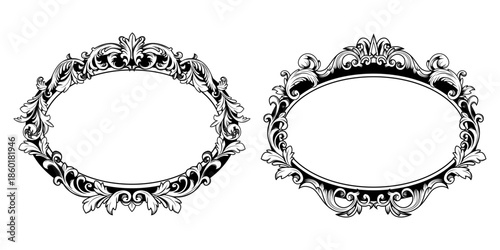 Ornate baroque flourish frame set with vintage oval border and decorative Victorian ornament. Elegant antique filigree design with intricate floral motifs for wedding invitations or mirror frames.