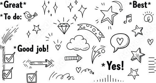 Hand Drawn Doodle Stickers with Motivation Words Icons Stars Arrows Checkmarks and Positive Feedback Elements