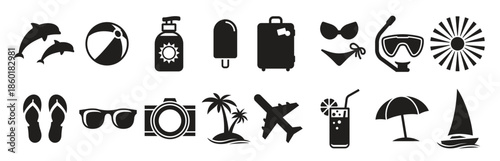 summer icon set black on a white background