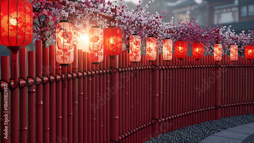 A serene Japanese alleyway adorned with vibrant red lanterns and cherry blossoms in full bloom, captured from a ground-level viewpoint