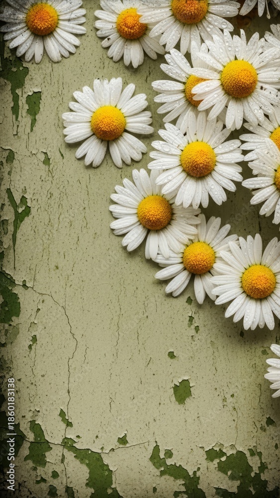 Obraz premium Daisies with water drops on vintage green background. Spring floral greeting card. March 8, International Womens Day flower wallpaper.