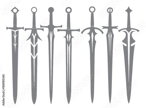  seven gray silhouette swords medieval fantasy weaponry