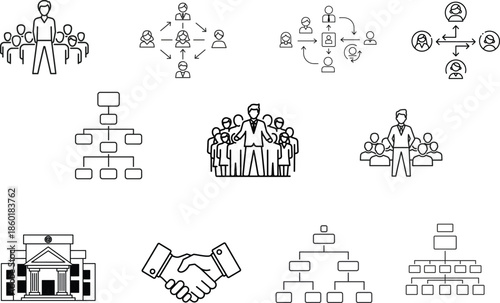 Business organizational charts and teamwork silhouettes for corporate structures and partnerships