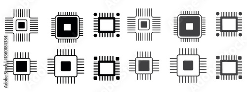 Collection of various microchip and processor icons in a minimalist black and white style