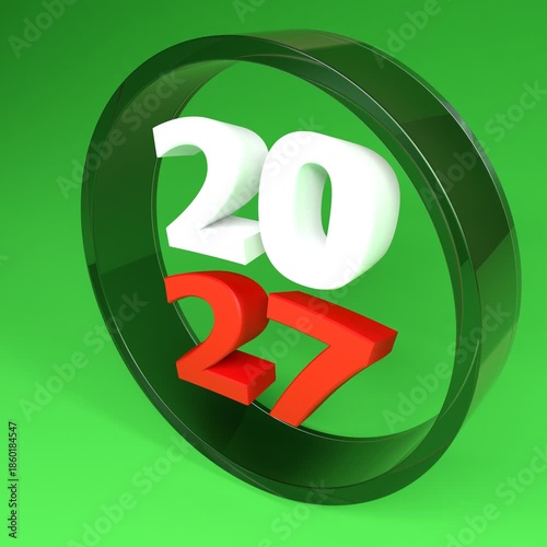 2027 inside a turning glass circle on green background