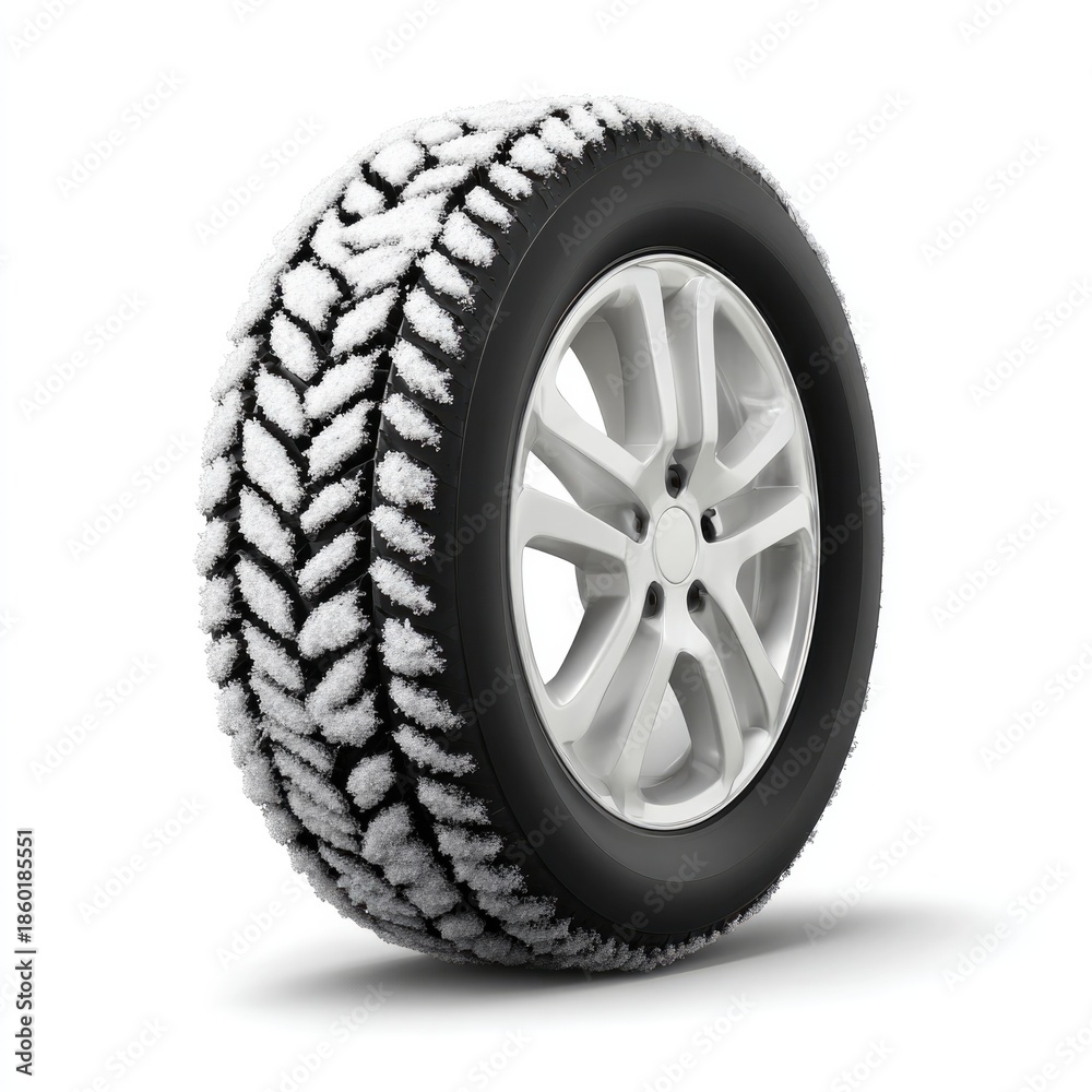 Obraz premium Winter tire with detailed tread and snow residue for enhanced traction isolated on white for auto safety concepts