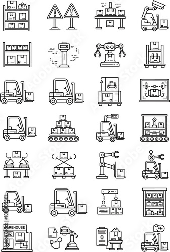 Warehouse and logistics icons set representing storage, transportation, and automation equipment in a flat design style