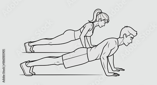 Two diverse people, a man and a woman, performing push-ups side by side in a fitness setting, promoting health and exercise