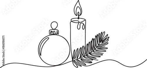 chrismas bauble ornament and candle with fir branch continuous.one line vector illustration with out background