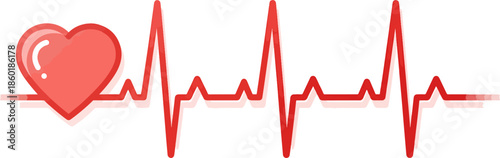 Red Heartbeat Line with Heart Symbol, Representing Life, Health, and Vitality, Medical Electrocardiogram EKG Pulse