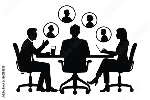 Four people sitting around a table with floating silhouettes above them