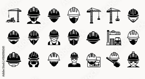 Construction workers hard hats and safety helmets collection, crane and truck icons, industrial worker safety gear, engineering and building symbols.