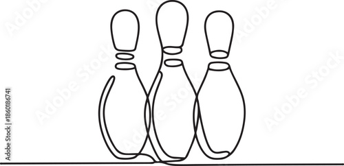 Continuous one line drawing three bowling pins are standing together at indoor arena.one line vector illustration with out background
