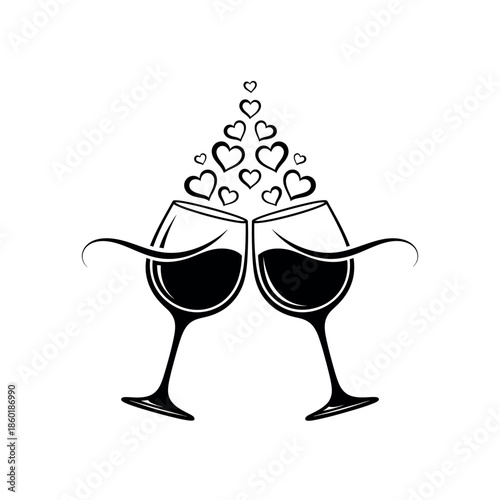 Two wine glasses clinking with hearts