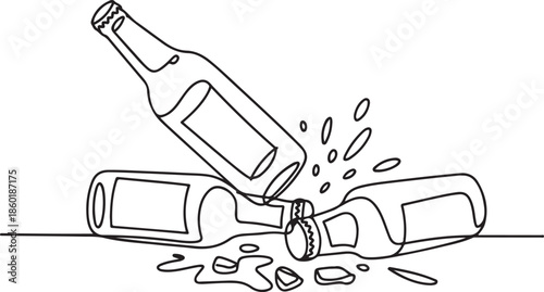 One line drawing of beer bottles were smashed at the end of the table until they broke into pieces.one line vector illustration with out background