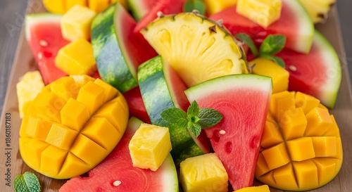 Vibrant tropical fruit salad with mango pineapple and watermelon