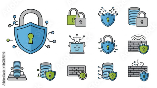 Collection of cybersecurity icons with shields, locks, and servers for data protection and online security concepts