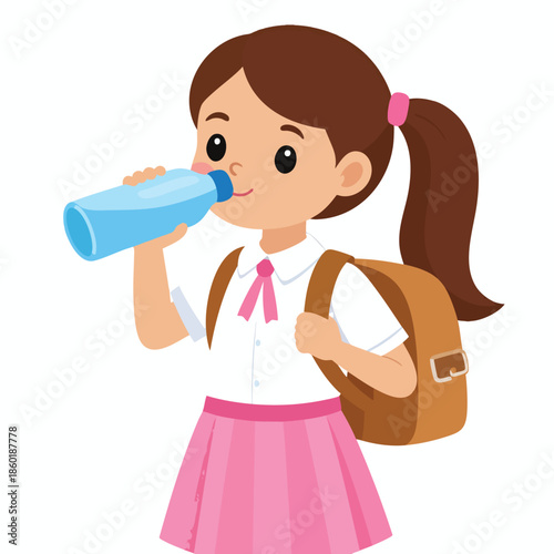 Young girl drinking from a bottle while wearing a school uniform and backpack