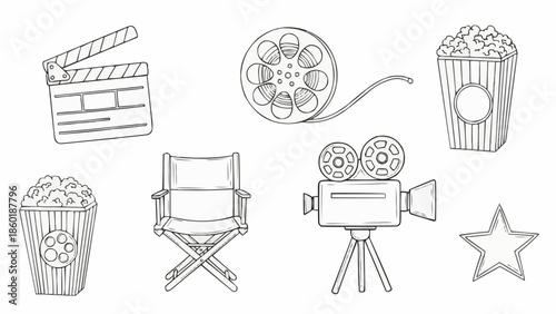 Collection of hand drawn movie making and cinema icons.
