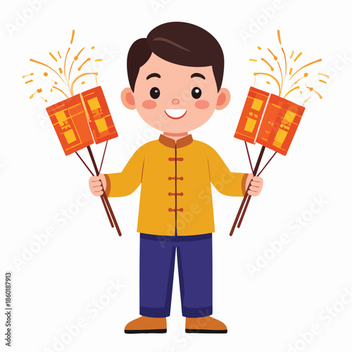 A smiling boy holding fireworks in traditional clothing during a festive celebration