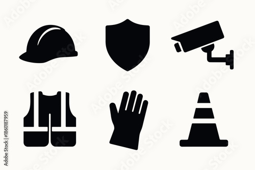 Safety icons set featuring hard hat, shield, security camera, vest, glove, and cone