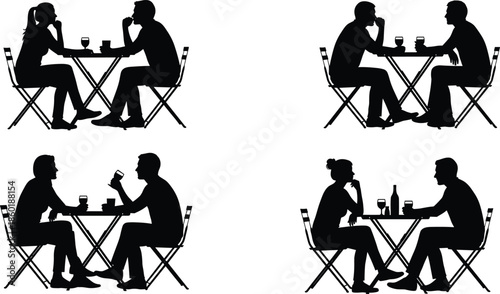 Couple dining silhouettes at cafe table romantic conversation date night people sitting drinking wine black isolated illustration set