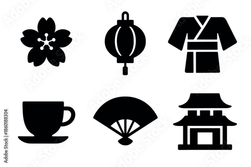 Traditional japanese icon set featuring sakura, lantern, kimono, cup, fan, and pagoda silhouettes