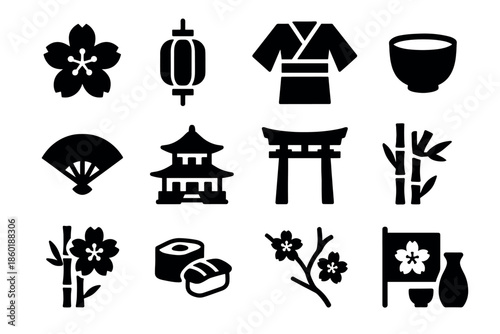 Traditional japanese culture icons featuring sushi, kimono, and sakura motifs