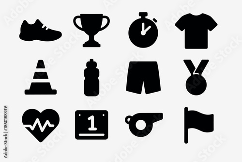 Silhouette icons of sports equipment and apparel for fitness enthusiasts