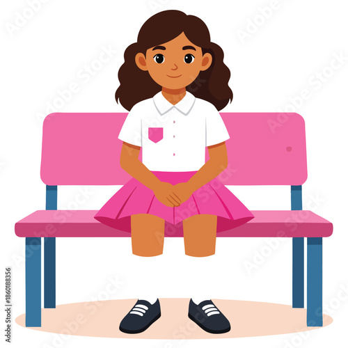 A young girl sitting alone on a pink bench with her hands folded in her lap