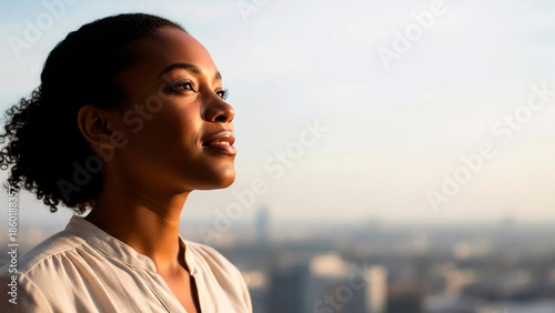 A confident Black woman, looking at the sunset, contemplates the future against the backdrop of a city skyline. The concept of hope and possibilities.