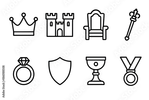 Medieval line art set with crown, castle, throne, and royal symbols
