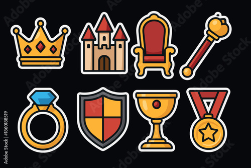 Cartoon medieval icons crown, castle, and throne with royal elements