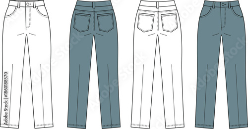 Denim jeans fashion technical flat sketch, front and back views, women pants template, vector apparel CAD, clothing design mock up set