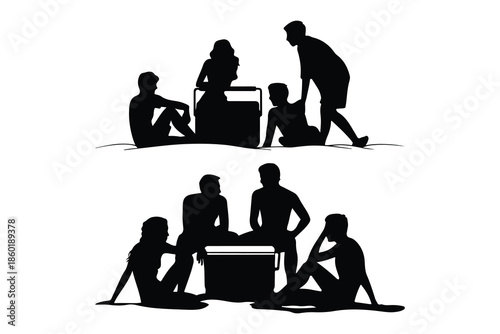 Silhouettes of people sitting around a cooler outdoors