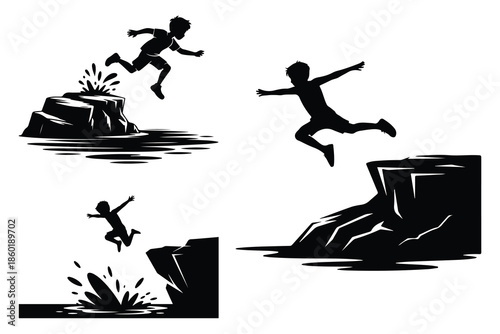 Silhouettes of children jumping into water from rocks