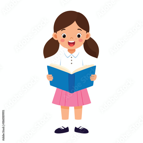 A young girl reading a book with a joyful expression in a simple white background
