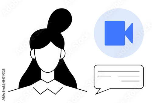 Video calls, remote work, virtual meetings, communication platforms, tech services, user interface. Female avatar with a chat bubble and video camera icon. Remote work and video calls concept