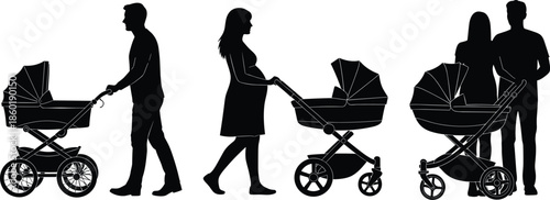 Parenthood silhouettes with mother father and couple pushing baby stroller, family walking stages isolated black vector illustration design set