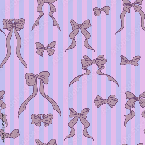 Mixed satin ribbon bows in purple color scheme with background of thin stripes. Seamless pattern isolated illustration hand drawn in ink. Gift wrapping, party supplies, seasonal decor, scrapbooking.